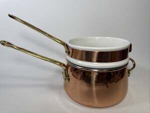 Vtg Copper Double Boiler w/Porcelain Insert, Brass Handles, Made in Portugal